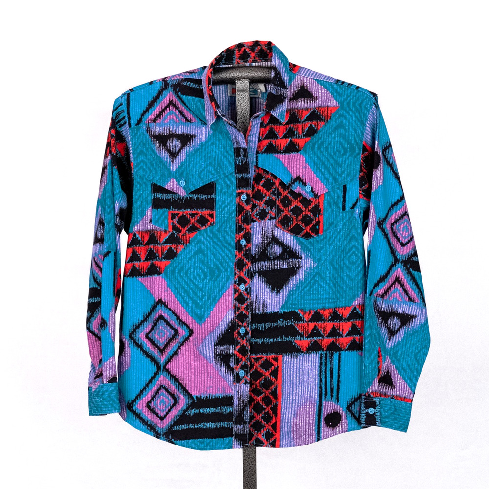 Vintage 90s Women's Wrangler Western Shirt LARGE Statement Aztec Tribal Colorful